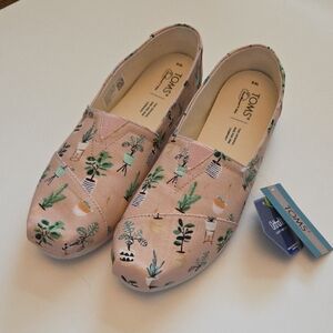 TOMS Pink Canvas Slip-Ons with House Plant Design